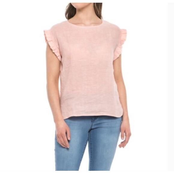 Cynthia Rowley Size M Linen Blouse Flutter Ruffle Sleeve Soft Pink - Picture 2 of 10